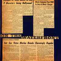 Digital images of undated newsclippings about the filming of "On the Waterfront" in Hoboken, ca. late 1953-early 1954.