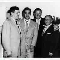 B+W photo of Marty Sinatra, Rocky Marciano, Toots Shor & John J. Grogan, at Toots Shor