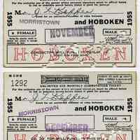 Tickets, transportation, 2: Delaware, Lackawanna & Western R.R. Unlimited Use Monthly Commutation Ticket between Morristown & Hoboken, for Nov., Dec. 1955.