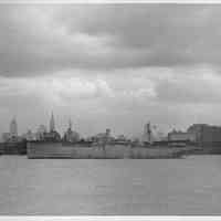 B+W photo of an unidentified freighter on the Hudson River, near Hoboken, no date, ca. 1940.