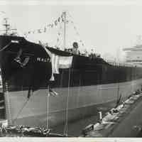          B+W photo of a bow view of the S.S. Walter Rice at christening in Todd Shipyards, Hoboken, Feb. 23, year not known. picture number 1
   