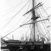 B+W photo of the naval sailing vessel Portsmouth docked at or near 4th St. & Hudson River, Hoboken, n.d., ca. 1895-1900.