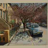 Digital images, 2, of Frank Hanavan painting of cherry trees on Tenth Street, dated 4-25-06, Hoboken, 2006.