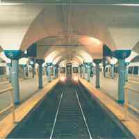 Digital image of color photo looking down track 2 of an arriving train taken from the east end of the Hoboken PATH station, Nov., 1999.