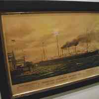 Framed lithographic print of Hoboken piers of the Hamburg-American Packet Company, ca. 1870-1880.