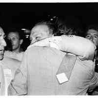 B+W photo of Tom Vezzetti with supporters on election night, Hoboken, [June 11, 1985].