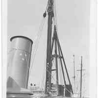 B+W photo of the temporary rigging near a funnel on an unknown ship, Hoboken, no date, ca. 1940.