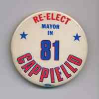 Political pin: Re-Elect Mayor in 81 Cappiello. (Hoboken, 1981.)