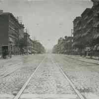 B+W photo of Public Service Railway streetcar rails on Washington Street looking north from Eighth St., Hoboken, Friday, August 22, 1913.