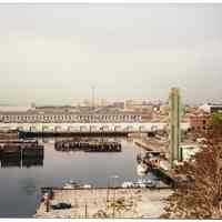 Color photo of Hoboken southern piers & the "Big John", Hoboken, May 1984.