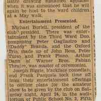 Newsclipping of Third Ward Democratic Club dinner with entertainment by Joe Biggie (Joseph Yaccarino) et al, Hoboken, circa 1937