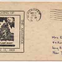 First day cover: 15th Anniversary, Signing of the Armistice, Nov. 11, 1918. Postmarked Hoboken, Nov. 11, 1933.