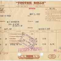 Invoices, 5, for Tootsie Roll products sold by Sweets Co. of America, 414-422 West 45th St., N.Y., N.Y., May 1937.