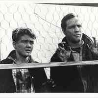 B+W publicity photo of Tom Hanley as Tommy, Marlon Brando as Terry Malloy in film "On the Waterfront," Hoboken, no date, ca. 1953-54,