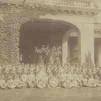 Digital image of group photo of members of Stevens Cadet Corps & Holy Innocents Fife, Drum & Bugle Corps at Stevens Castle, Hoboken,1889.