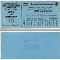 Ticket, transportation, sample: Erie-Lackawanna Railroad. Yearly Ten Trip Ticket Between Between Lyons & Hoboken. 1970.