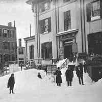 B+W photo of the Blizzard of 1888 at southwest corner of 1st & Bloomfield Sts., 1888.