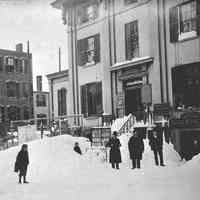 B+W photo of the Blizzard of 1888 at southwest corner of 1st & Bloomfield Sts., 1888.