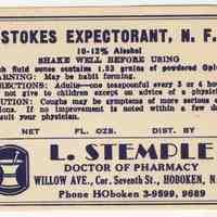 Printed label for medicine, Stokes Expectorant, N.F., from Stemple Pharmacy, 266 Seventh St., Hoboken, no date, ca. 1940.