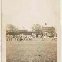 Sepia-tone photos, 2, Demarest High School marching band practicing for Memorial Day parade, Hoboken, May 10, 1946.