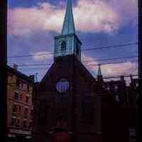          Color slide of eye-level view of Hoboken Evangelical Free Church façade and steeple at 833 Clinton on the corner of Clinton & 9th picture number 1
   