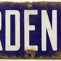 Enameled metal street sign, "GARDEN ST", Hoboken.