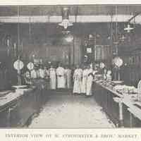 Printed B+W photograph of M. Strohmeier & Brothers, wholesale & retail meats, 119 Washington Street, Hoboken, no date, ca. 1906-1908.