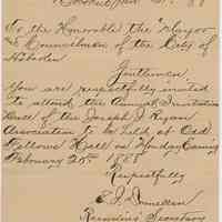 Invitation to Hoboken Mayor & City Council to attend Annual Invitation Ball of Joseph J. Ryan Assn., Odd Fellows Hall, Feb. 20, 1888.