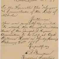 Invitation to Hoboken Mayor & City Council to attend Annual Invitation Ball of Joseph J. Ryan Assn., Odd Fellows Hall, Feb. 20, 1888.