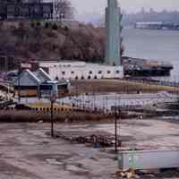 Color photo of an elevated view of Frank Sinatra Park with Castle Point in the background, Hoboken, 1999.