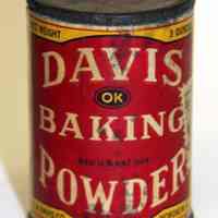 Can: Davis OK Baking Powder. 3 oz. R. B. Davis Co., Hoboken, n.d., ca. 1931-1936.