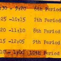 Digital image of a clipped mimeographed class period time schedule, no place, no date, ca. 1956-57