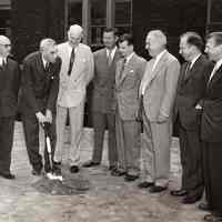Digital image of b+w photo of Mayor Fred M. DeSapio et al at ground breaking for Kidde building on Stevens campus, Hoboken, October, 1947.
