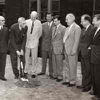 Digital image of b+w photo of Mayor Fred M. DeSapio et al at ground breaking for Kidde building on Stevens campus, Hoboken, October, 1947.