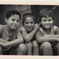 B+W photo of 3 young boys on stoop, 13th & Washington Sts., Hoboken, n.d, ca. 1983-1988.