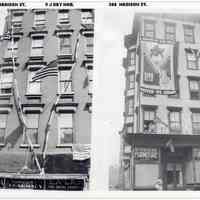 B+W digital print with two photos of buildings on Madison Street, numbers 233 + 300, on Victory over Japan Day, Hoboken, August 1945.