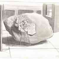 Grey-scale illustration of World War Rock Monument by Kevin McCloskey, circa 1986