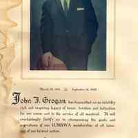 Color photo of John J. Grogan on printed memorial leaf from National Convention, IUMSWA, AFL-CIO, October 2, 1968.