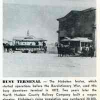 Reference image: Hoboken ferry terminal with horsecars in downtown Hoboken, 1872(?).