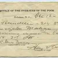 Vouchers, 6, issued by the Overseer of Poor, City of Hoboken, for purchase of groceries by named bearers, Dec. 1907.