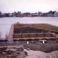 Color photo of an elevated view of construction progress of Pier A Park, Hoboken, 1999.