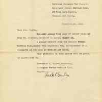 TLS from Frederick C. Gruler, Monsignor Whelan Service Club, Newark, N.J. to Mrs. Markey (Admiral Benson Club, Hoboken), Nov. 29, 1919, re salary to be paid him.