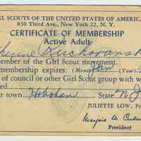 Membership card: Certificate of Membership, Active Adult, Girl Scouts of America, of Catherine Ruchovansky, Hoboken, expiring Jan., 1960.
