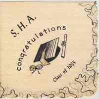 Digital image of paper napkin imprinted "S.H.A. Congratulations Class of 1955" from a reception for class, Stevens Hoboken Academy, probably June, 1955.