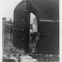 B+W photo of propeller installation on the S.S. Exarch in dry dock, Hoboken, no date, ca. 1940.