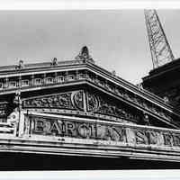 B+W photo of decorative copper-clad facade of former ferry section, Lackawanna Terminal; Barclay St. Ferry Hoboken, n.d., ca. early 1970s.