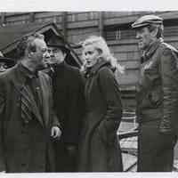 B+W publicity photo of Lee J. Cobb, Karl Malden, Eva Marie Saint in film "On the Waterfront," Hoboken, no date, ca. 1953-1954.