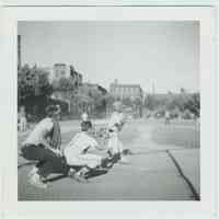 B+W photo of a baseball game at the high school sports field, Hoboken, no date, ca. 1955.