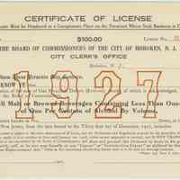 Unissued City of Hoboken Certificate of License for alcoholic beverages for 1927 expiring Dec. 31st, 1927, Hoboken, 1926.