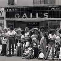 B+W photo of parade watchers at the southwest corner of Washington and Second Sts., Hoboken, June, 1975.